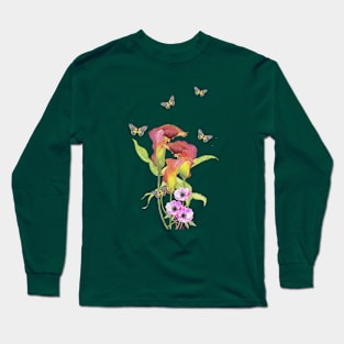 Calla And Anemone Flowers With Butterflies Long Sleeve T-Shirt